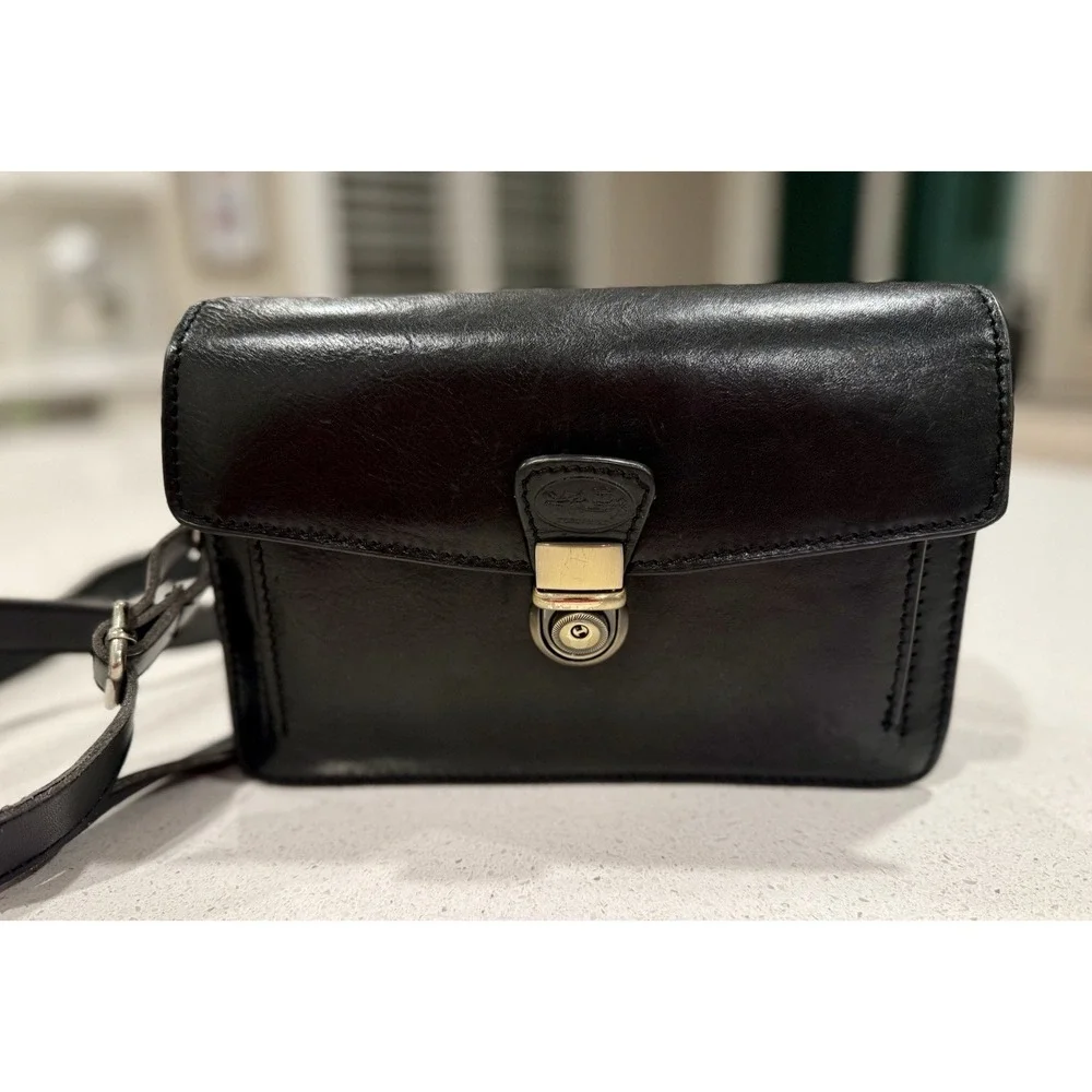 PORTAFOGLI PELLE TOSCANINO TRACOLLA LEATHER WALLET BORSA NERA BORSETTA CROSSBODY - Picture 1 of 16